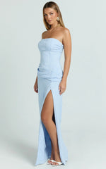 Berri Maxi Dress - Strapless Jacquard High Split Dress in Blue