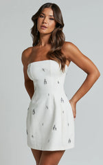 Anziel Mini Dress - Strapless Structured Cluster Embellishment Dress in White