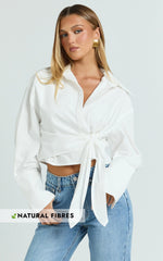 Duncan Top - Long Sleeve Wrap Waist Cropped Shirt in White