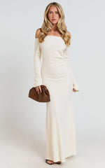 Ayla Maxi Dress - Off Shoulder Flared Sleeve Bodycon Dress in Off White
