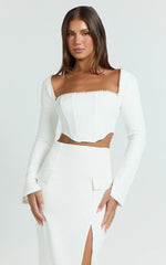Clarissa Top - Square Neck Pearl Trim Long Sleeve Top in Off White
