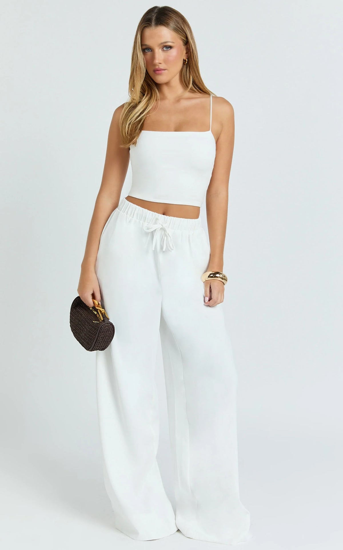Nicole Pants - High Waist Elasticated Gathered Waist Wide Leg Pants in White