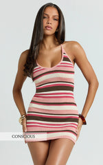 Barbara Mini Dress - Knit Stripe Cross Back Mini Dress in Multi