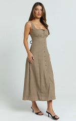 Cameron Midi Dress - Button Front Tie Back Dress in Mocha