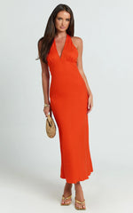 Adele Midi Dress - Halter Plunge Bias Cut Dress in Orange