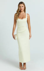 Benita Midi Dress - Scoop Neck Ruched Fitted Dress in Lemon