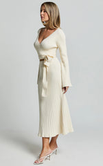 Andreia Midi Dress - Knitted Wrap Long Sleeve Dress in Cream