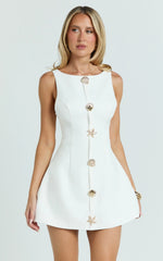 Izzy Mini Dress - Gold Trims Feature Tulip Skirt Dress in White
