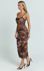 Rosalez Midi Dress - Strappy Ruched Bodycon Dress in Ember Floral