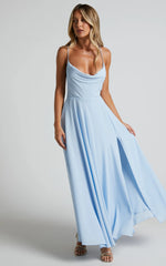 Celestine Midi Dress - Lace Up Back Cowl Neck Dress in Pale Blue