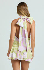 Bryonie Mini Dress - Backless Halter Dress in Swirl Print