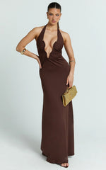 Denise Maxi Dress - Halter U Ruched Neck Cut Out Jersey Dress in Chocolate