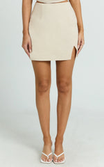Mindy Mini Skirt - Linen Look A Line Side Split Skirt in Oatmeal