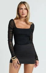 Casen Bodysuit - Long Sleeve Ruched Mesh Bodysuit in Black