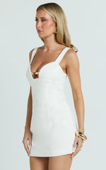 Estelle Mini Dress - Beaded Scallop Neck Dress in Off White