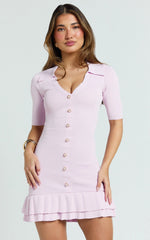 Mischa Mini Dress - Collared Short Sleeve Fit And Flare Knitted Dress in Pink