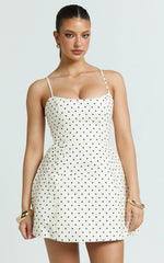 Carolina Mini Dress - Scoop Neck Panel Bodice Dress in White Polka Dot