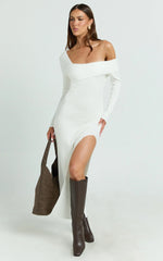 Gladys Maxi Dress - Asymmetric Shoulder Long Sleeve Knit Dress in Cream
