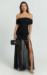 Alanna Maxi Dress - Off Shoulder Ruched Mesh Dress in Black