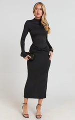 Amelita Midi Dress - Long Sleeve Knot Detail Dress in Black