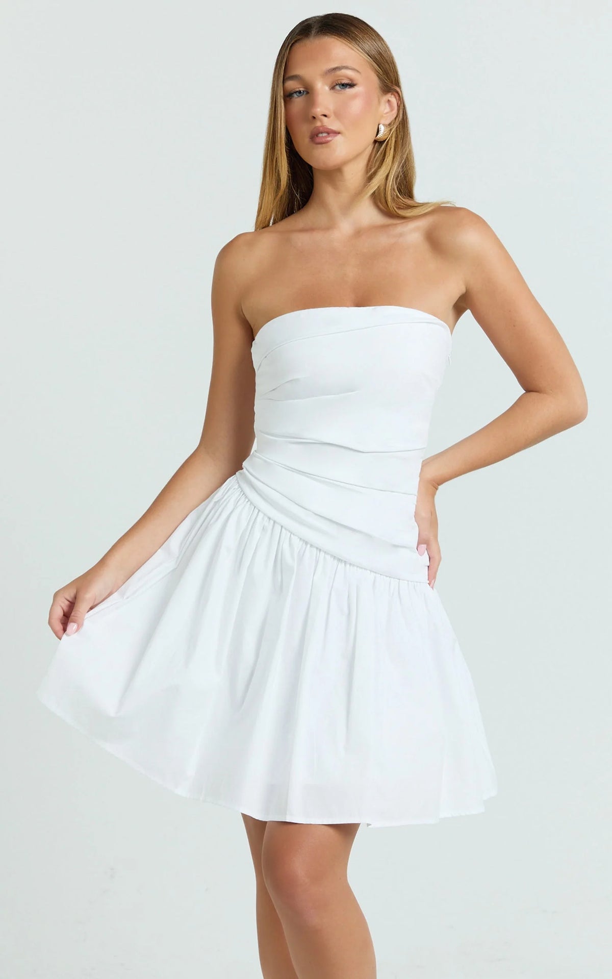 Almera Mini Dress - Strapless Ruched Dress in White