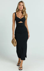 Bianca Midi Dress - Twist Front Cut Out Ruched Dress in Black
