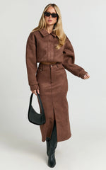 Nessa Midi Skirt - High Waisted Fitted Suede Skirt in Dark Chestnut