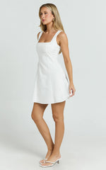 Adiana Mini Dress - Linen Square Neck Shirred Back A Line Dress in Off White