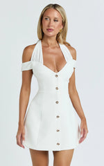 Baylee Mini Dress - Off Shoulder Button Front Tulip Skirt Dress in White