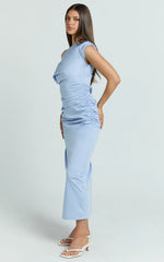 Kane Midi Dress - Tipped Shoulder Cotton Draped Dress in Cornflower Blue