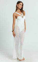 Adalia Maxi Dress - Strappy Hardware Rosette Trim Jersey Bodysuit Crochet Column Skirt Dress in Off White
