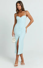 Anessa Midi Dress - Button Front Bustier Fitted Dress in Blue