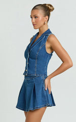 Nikita Mini Skirt - Mid Waisted Denim Box Pleat Skirt in Dark Blue Wash