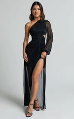 Arosa Maxi Dress - One Shoulder Long Sleeve in Black