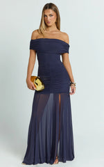 Alanna Maxi Dress - Off Shoulder Ruched Mesh Dress in Ink