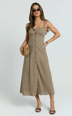 Cameron Midi Dress - Button Front Tie Back Dress in Mocha