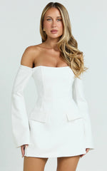 Nettie Mini Dress - Off Shoulder Longsleeve Fit and Flare Dress in White