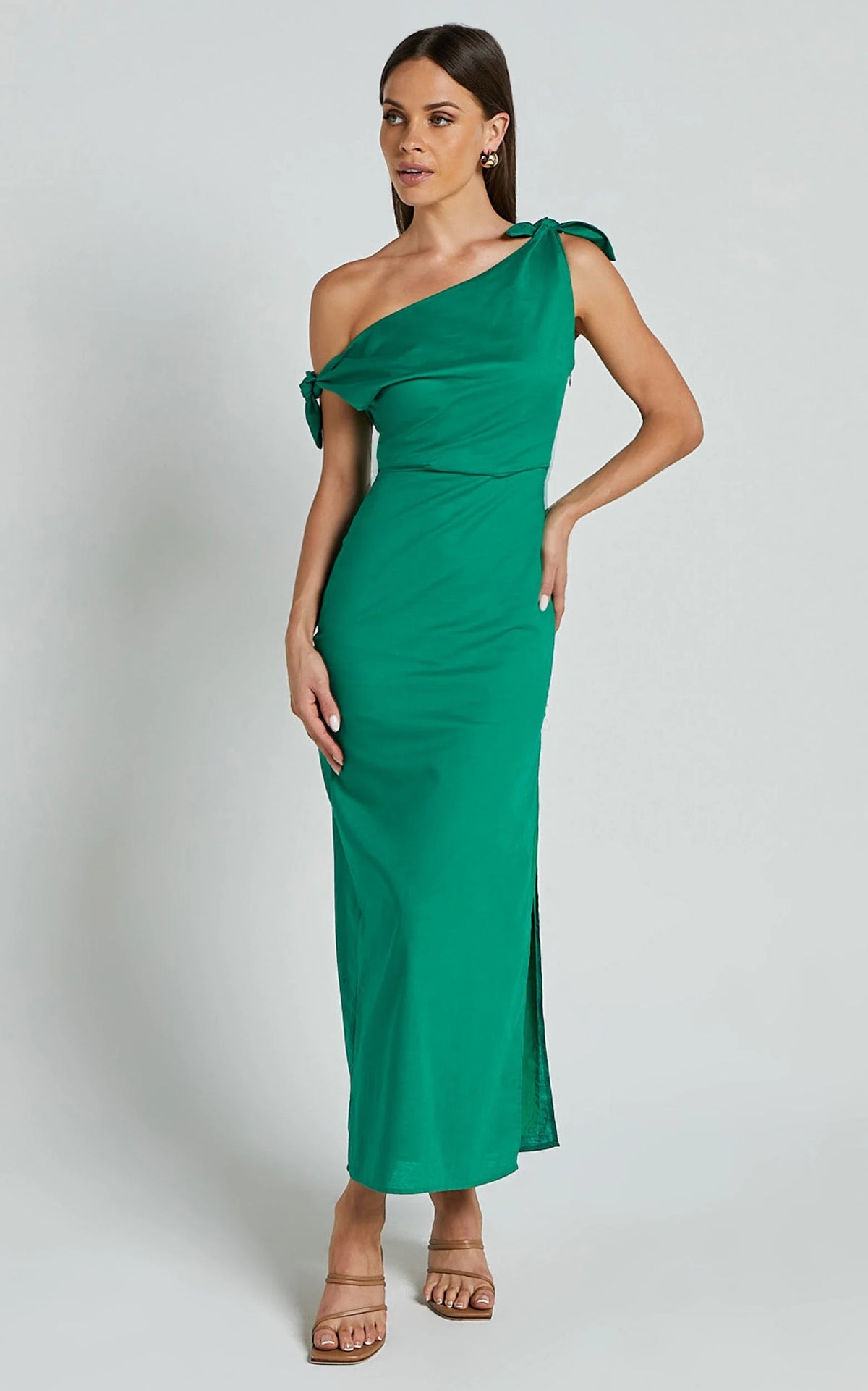 Cincinnati Midi Dress - Off The Shoulder Side Split Column Linen Dress in Green