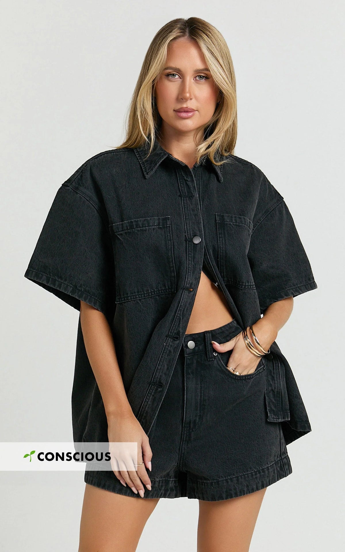 Rhianna Top - Oversized Recycled Denim Short Sleeve Shirt in Washed Black