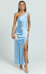 Isla Maxi Dress - Satin One Shoulder Side Split Dress in Blue