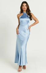 Rhianne Midi Dress - Twist Halter Neck Open Back Satin Dress in Light Blue