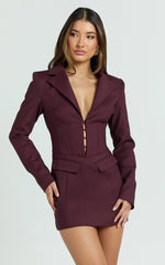 Lawrence Mini Dress - Workwear Hook And Eye Front Fit And Flare Blazer Dress in Wine