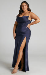 Ardent Maxi Dress - Cowl Neck Tie Back Satin Dress in Navy