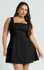 Adiana Mini Dress - Linen Square Neck Shirred Back A Line Dress in Black