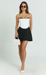 Loissa Mini Dress - Strapless Corset Waist Contrast Colour Tulip Skirt Dress in Black