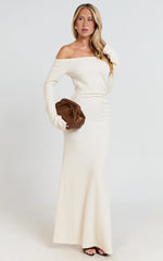 Ayla Maxi Dress - Off Shoulder Flared Sleeve Bodycon Dress in Off White