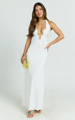 Denise Maxi Dress - Halter U Ruched Neck Cut Out Jersey Dress in White