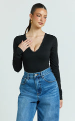 Cassie Bodysuit - Lace Neck Detail Long Sleeve Bodysuit in Black