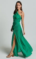 Darcy Maxi Dress - One Shoulder Side Cut Out Gathered Dress in Green