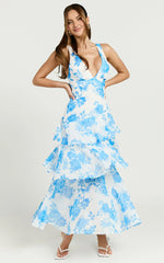 Beryl Midi Dress - Deep V Neck Sleeveless Layered Dress in Blue Floral